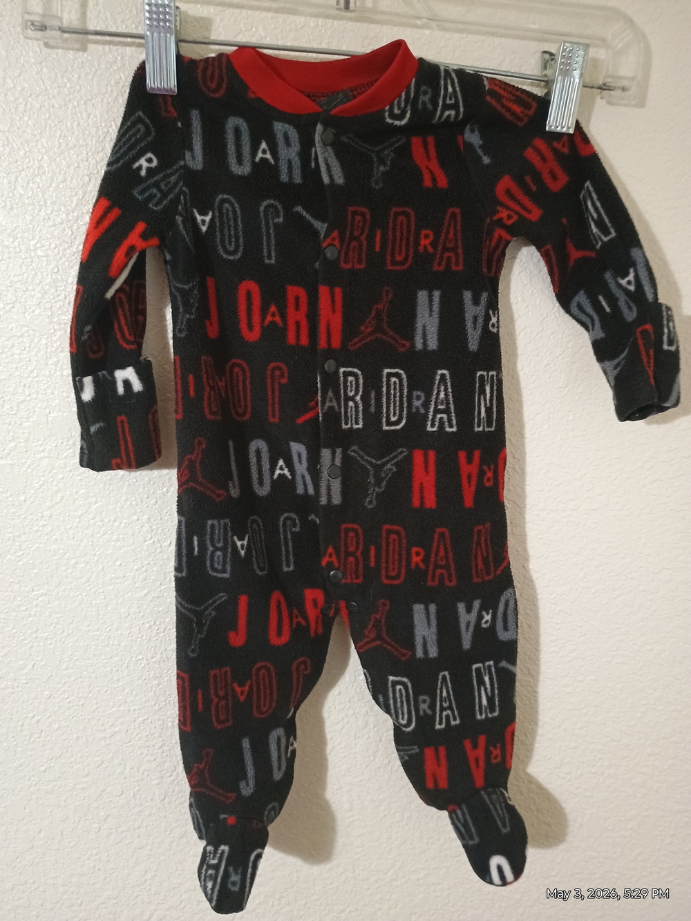 Jordan Black Fleece Footed One-Piece with Red and Gray Logo Print